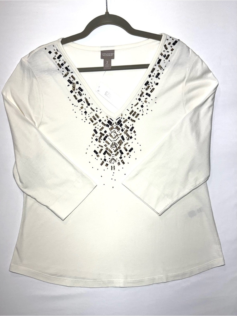 Chico's Cream V-Neck Top with Black and Gold Beaded Embellishment